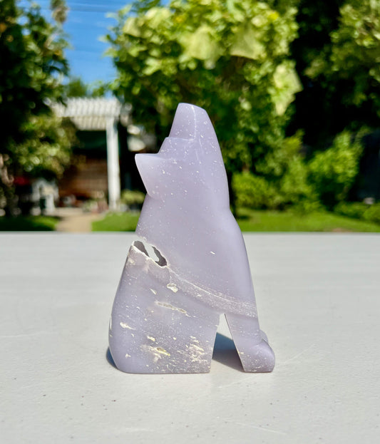 5" Yttrium Lavender Fluorite Wolf Carving