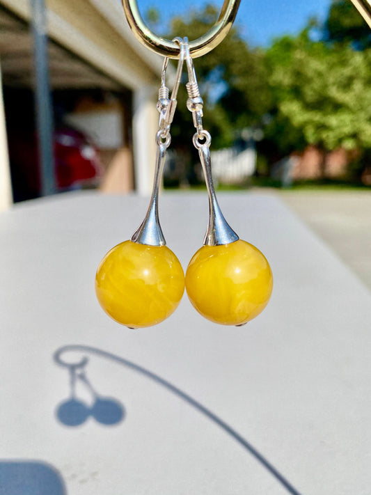 10.8g Natural Yellow Colombian Amber Sphere Dangle/Drop Earrings