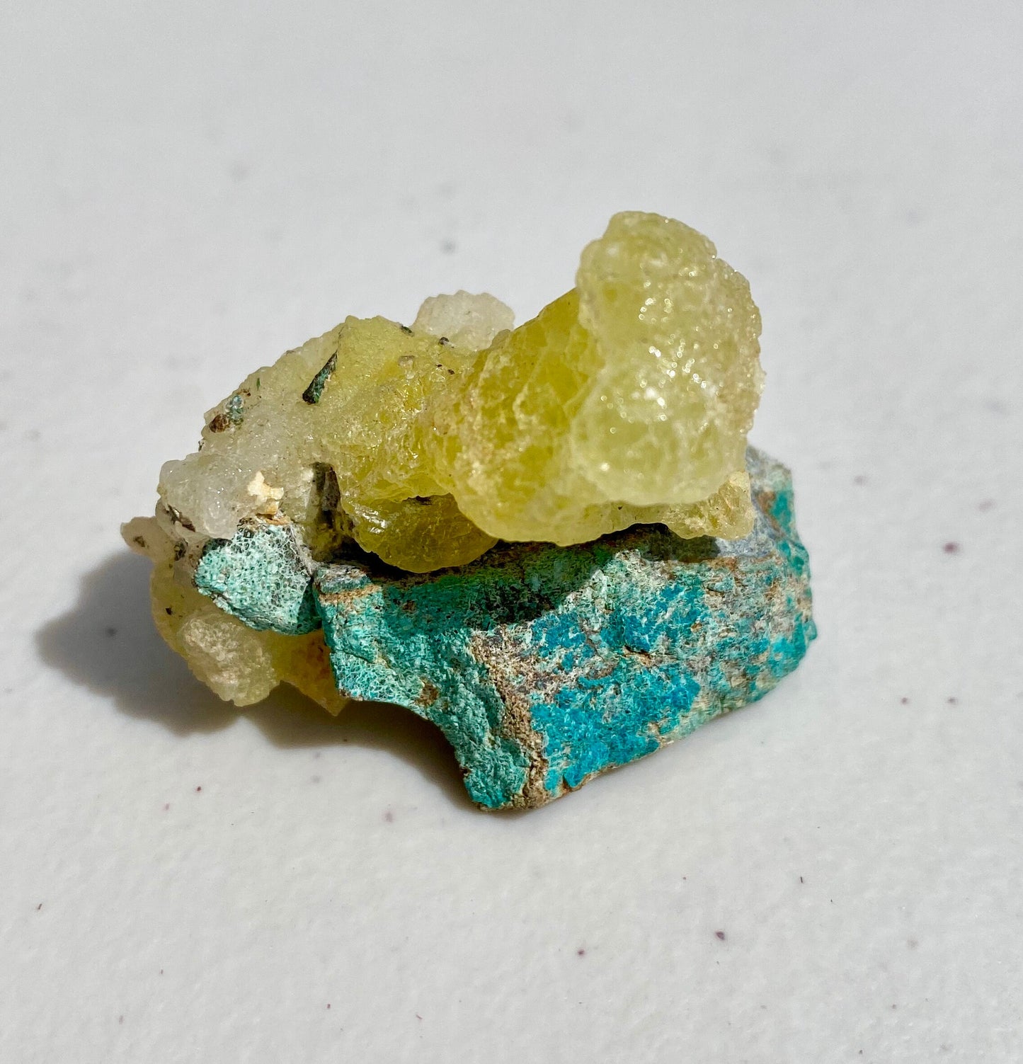 Natural Yellow Brucite Mineral Specimen with Chrysocolla