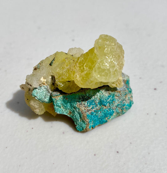 Natural Yellow Brucite Mineral Specimen with Chrysocolla