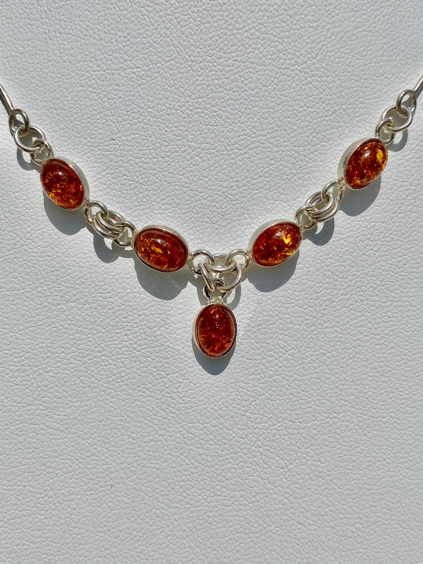 Oval Shaped Cognac Amber Sterling Silver Necklace