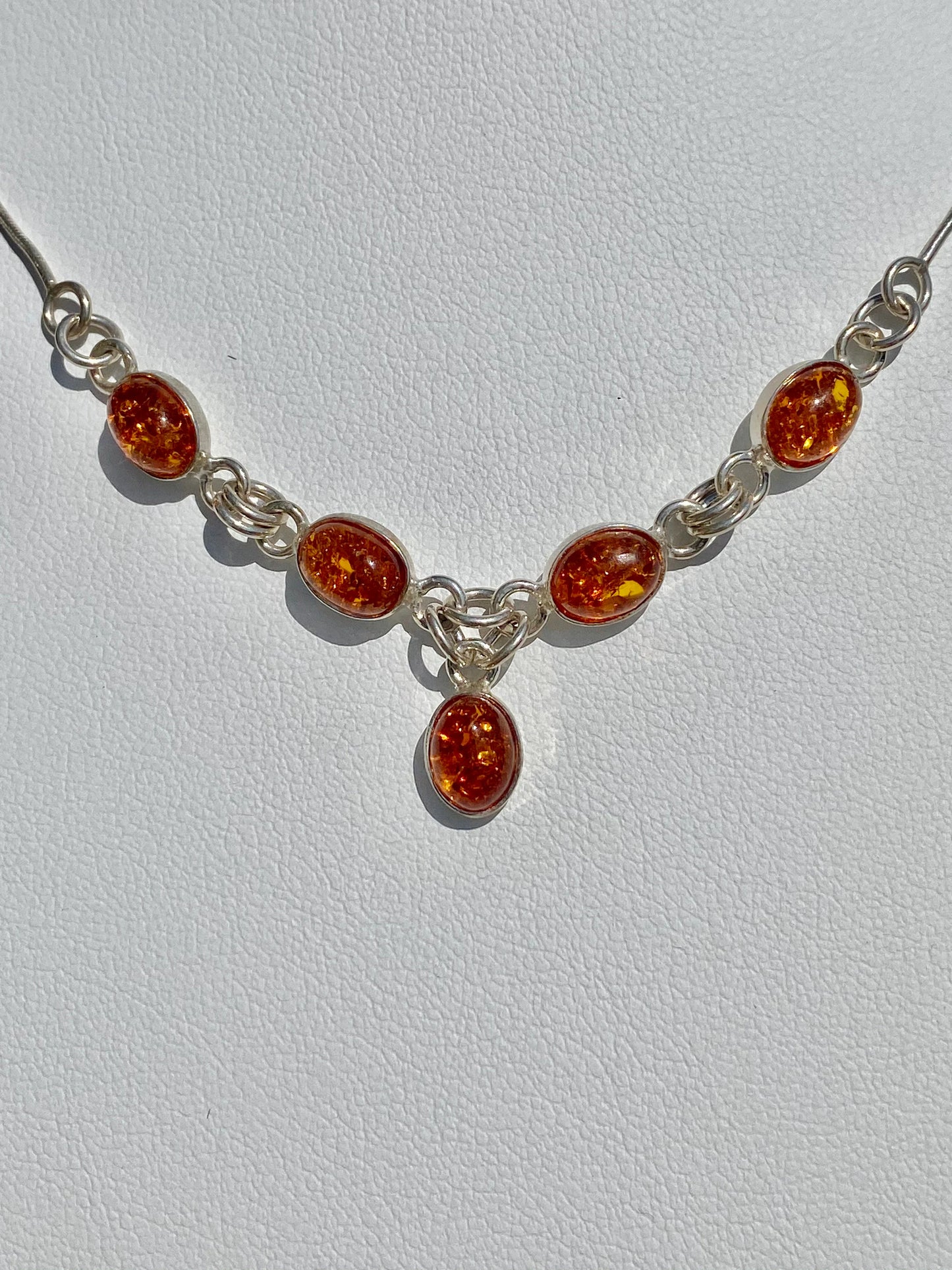 Oval Shaped Cognac Amber Sterling Silver Necklace