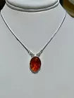 Oval Shaped Cognac Amber Sterling Silver Necklace